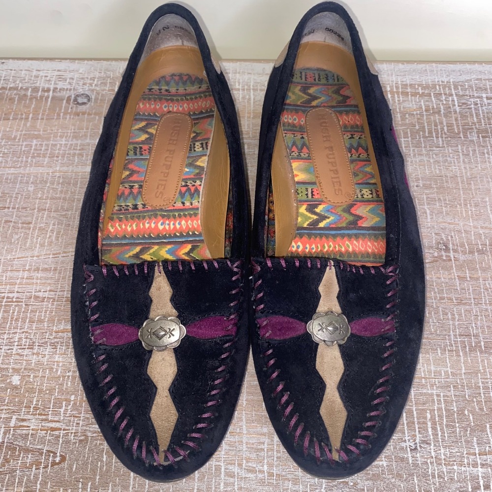 Hush Puppies 8W Black and Purple Suede Southwestern Moccasin Loafers Concho Shoe